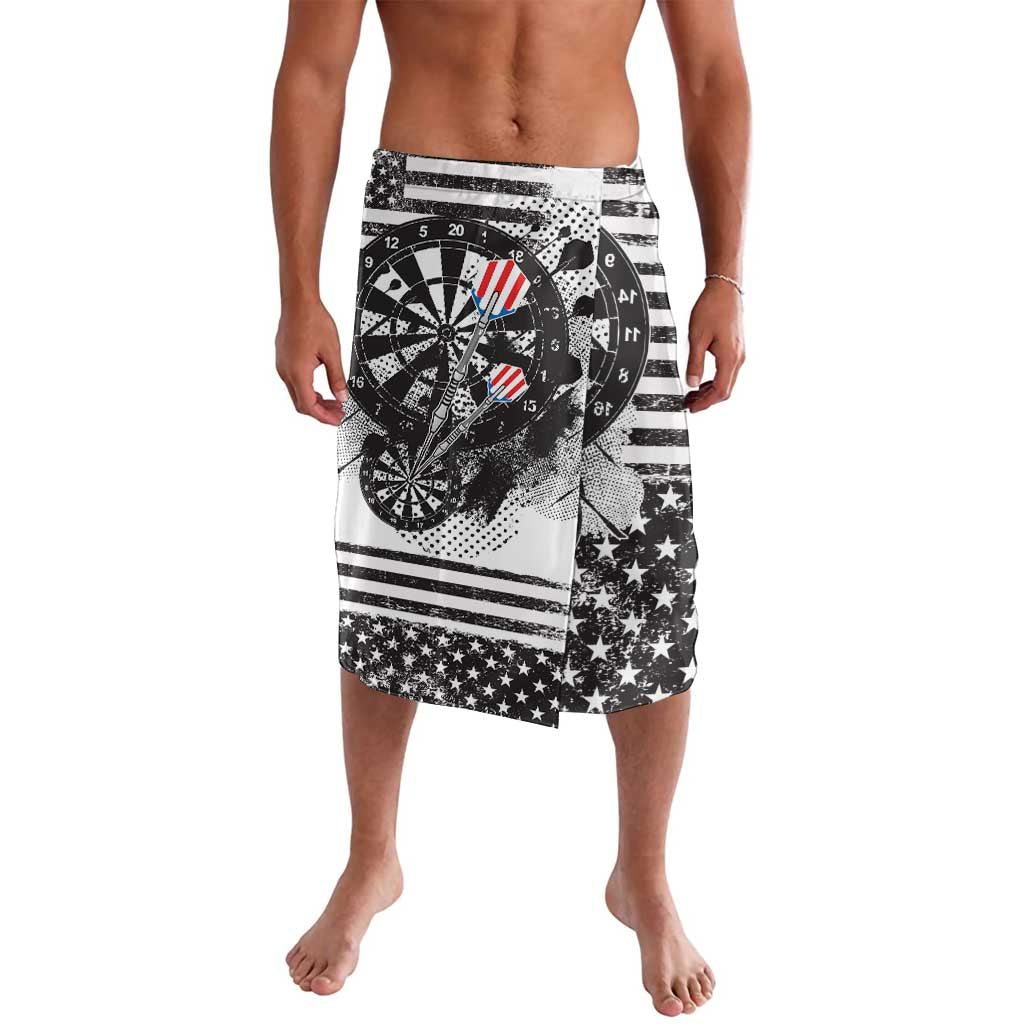 Black-and-white graphic athletic shorts with eagle, darts, stars, and stripe bands