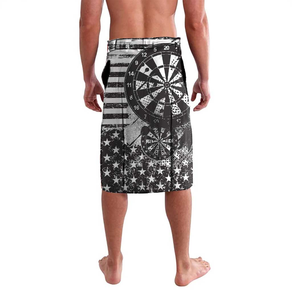 Black-and-white athletic shorts with dartboard, stars, and stripe bands