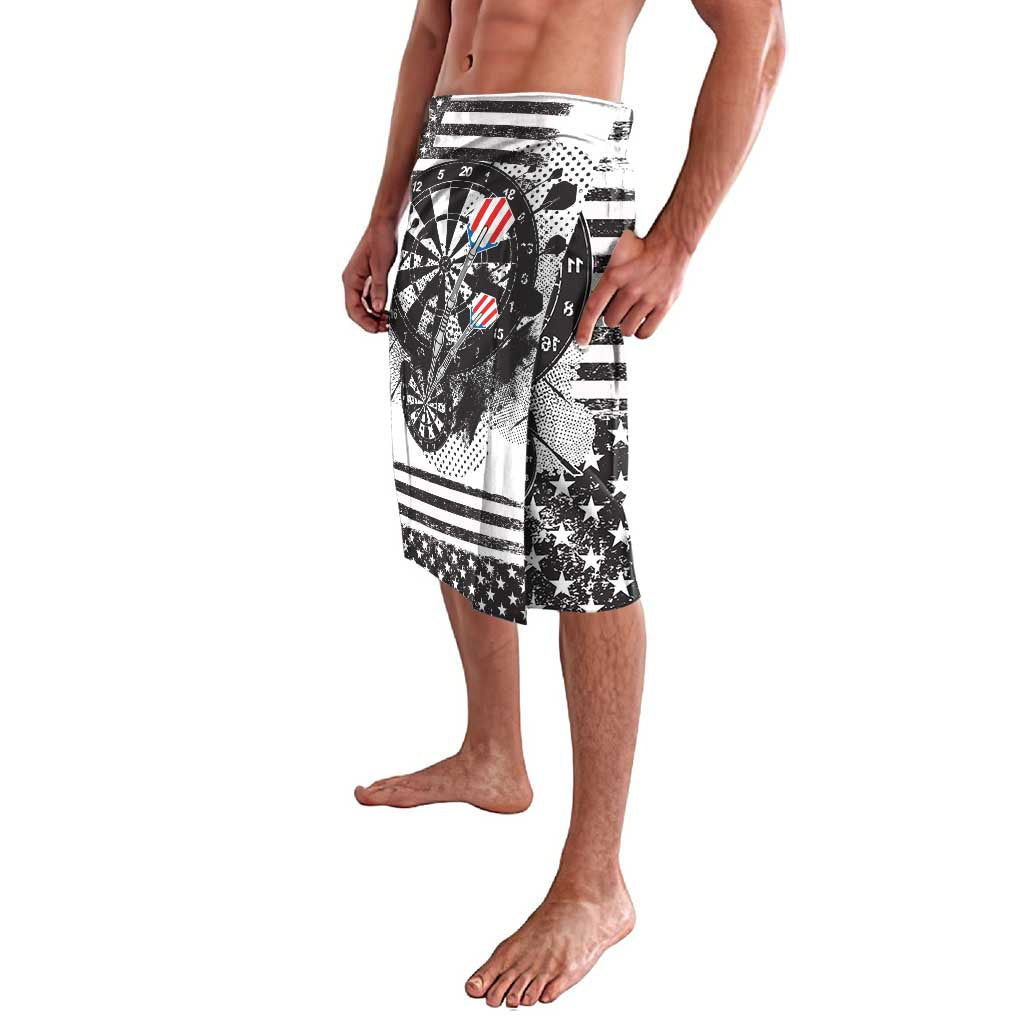 Black-and-white shorts with grunge eagle graphic, dartboard, and star-spangled stripes
