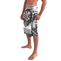 Black-and-white shorts with grunge eagle graphic, dartboard, and star-spangled stripes