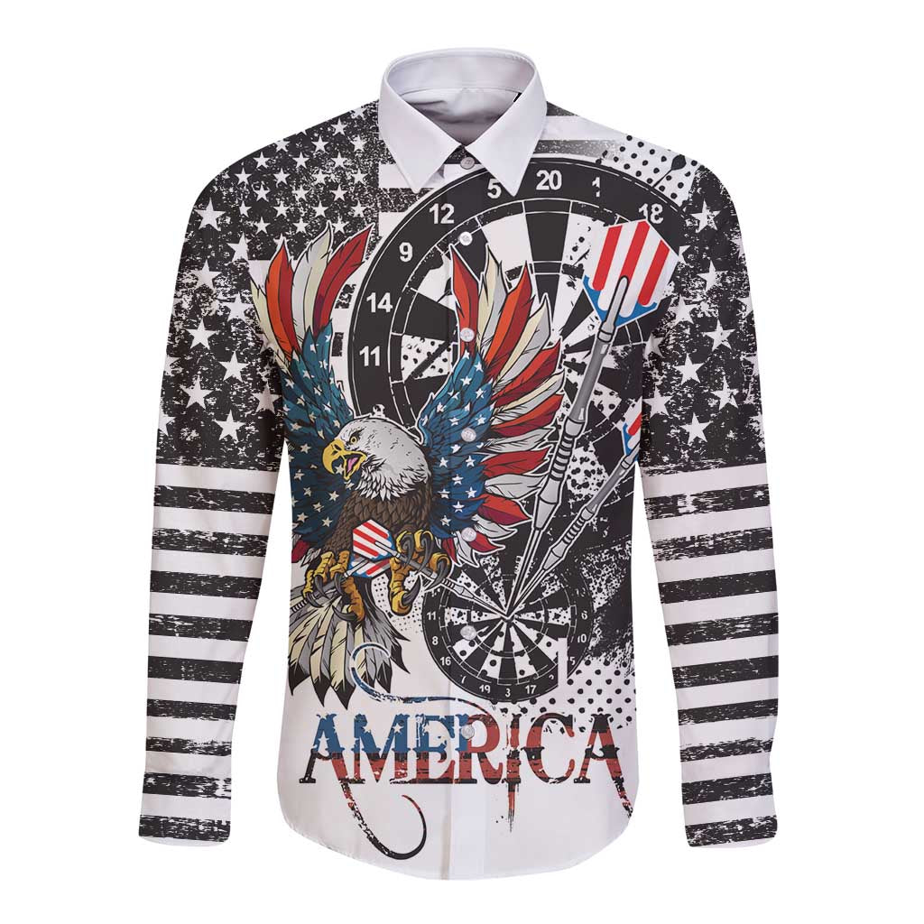 Long-sleeve button shirt, white base, grunge eagle-and-dart graphic with 'AMERICA' print
