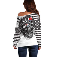 Women’s off-shoulder sweater, back dartboard and eagle graphic with star-and-stripe pattern