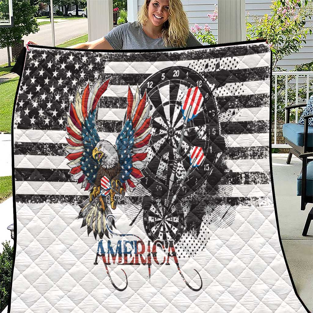 White quilt with grunge bald eagle, black-and-white dartboard, and star-spangled stripes