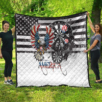 White outdoor quilt showing grunge bald eagle, black dartboard, and American flag stripes