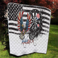 White quilt with bald eagle graphic, black dartboard, and distressed star-and-stripe pattern