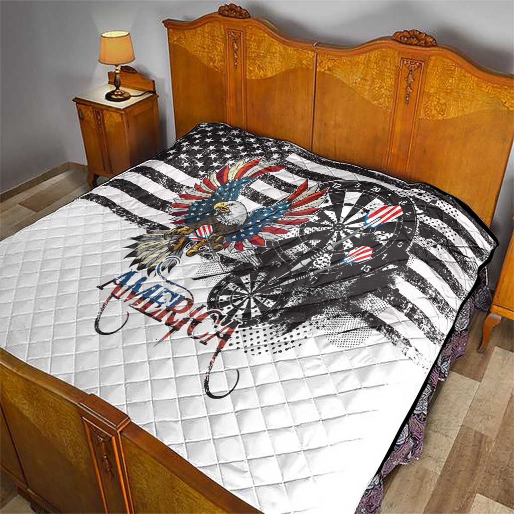 Quilt on bed: white base with grunge bald eagle over black dartboard and red-blue accents