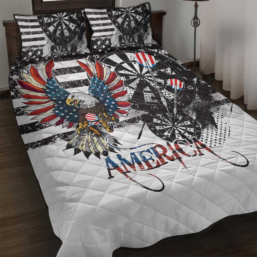 USA Darts Quilt Bed Set American Bald Eagle with Grunge Style