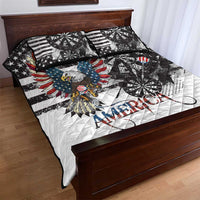 Eagle and American flag grunge quilt bed set with black, white, and blue graphics and pillows