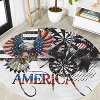 Round area rug with eagle, “AMERICA” text, and dartboard grunge design; black/white