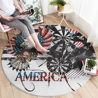 Round area rug with eagle graphic, “AMERICA” lettering, and dartboard grunge pattern