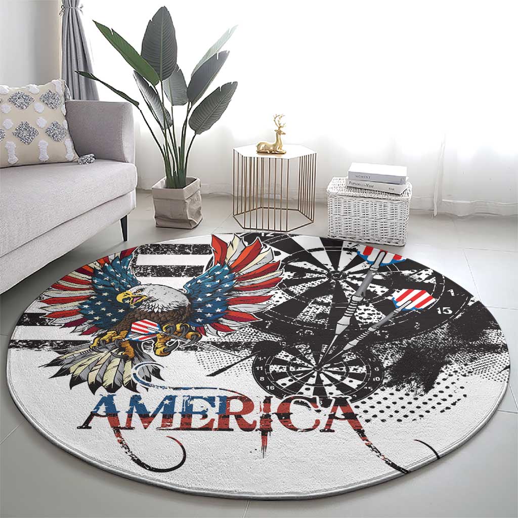Round area rug with eagle artwork, “AMERICA” wordmark, and black dartboard grunge print