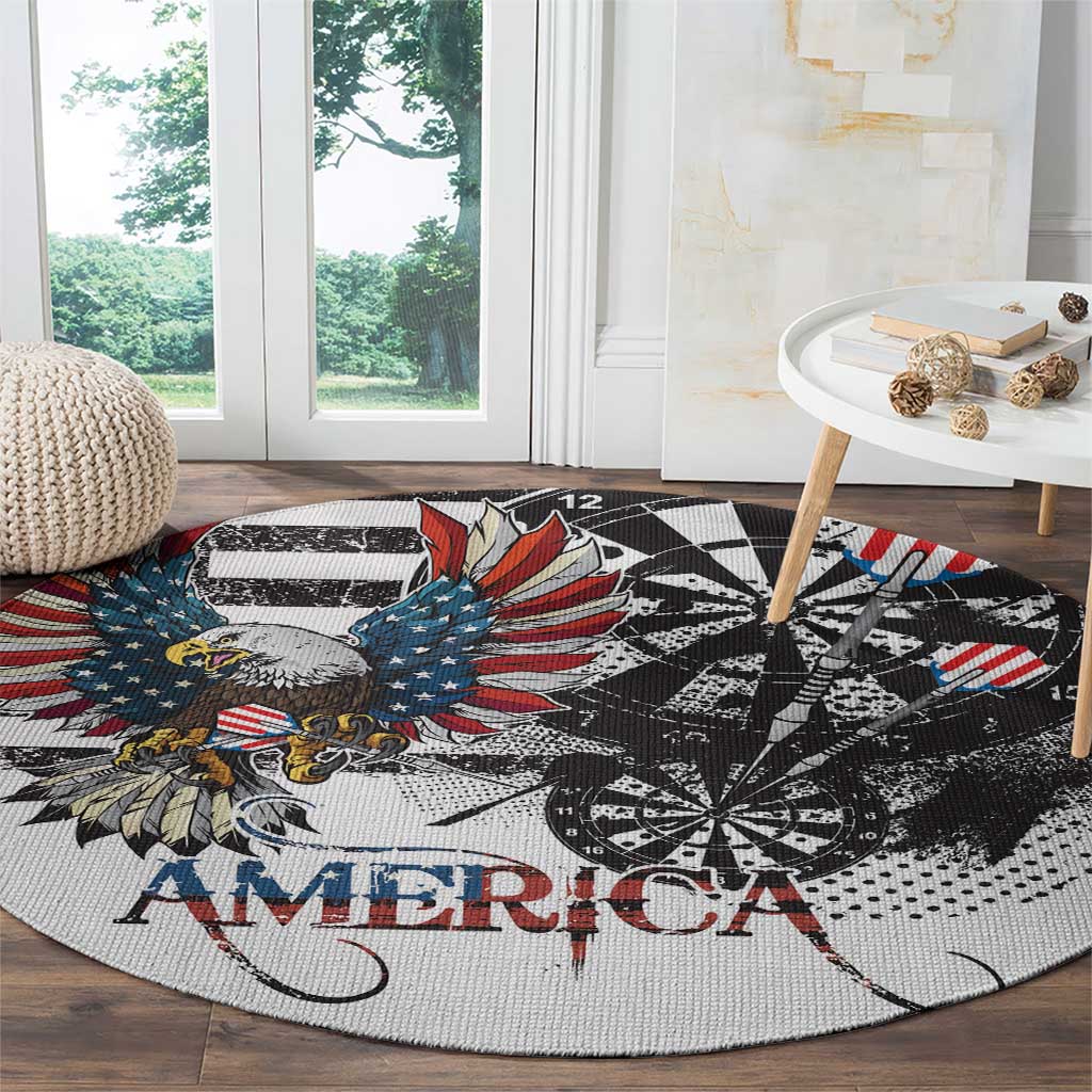 Round area rug featuring eagle head and “AMERICA” lettering over black dartboard print