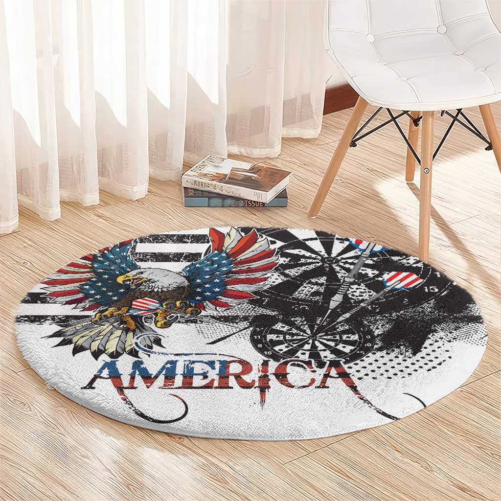 Round area rug with eagle and “AMERICA” text; black dartboard grunge print
