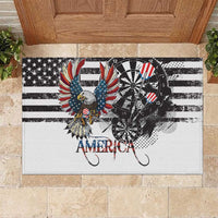 Rubber doormat with bald eagle and dartboard in distressed flag stripe print
