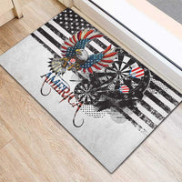 Rubber doormat featuring bald eagle center over dartboard and striped grunge design