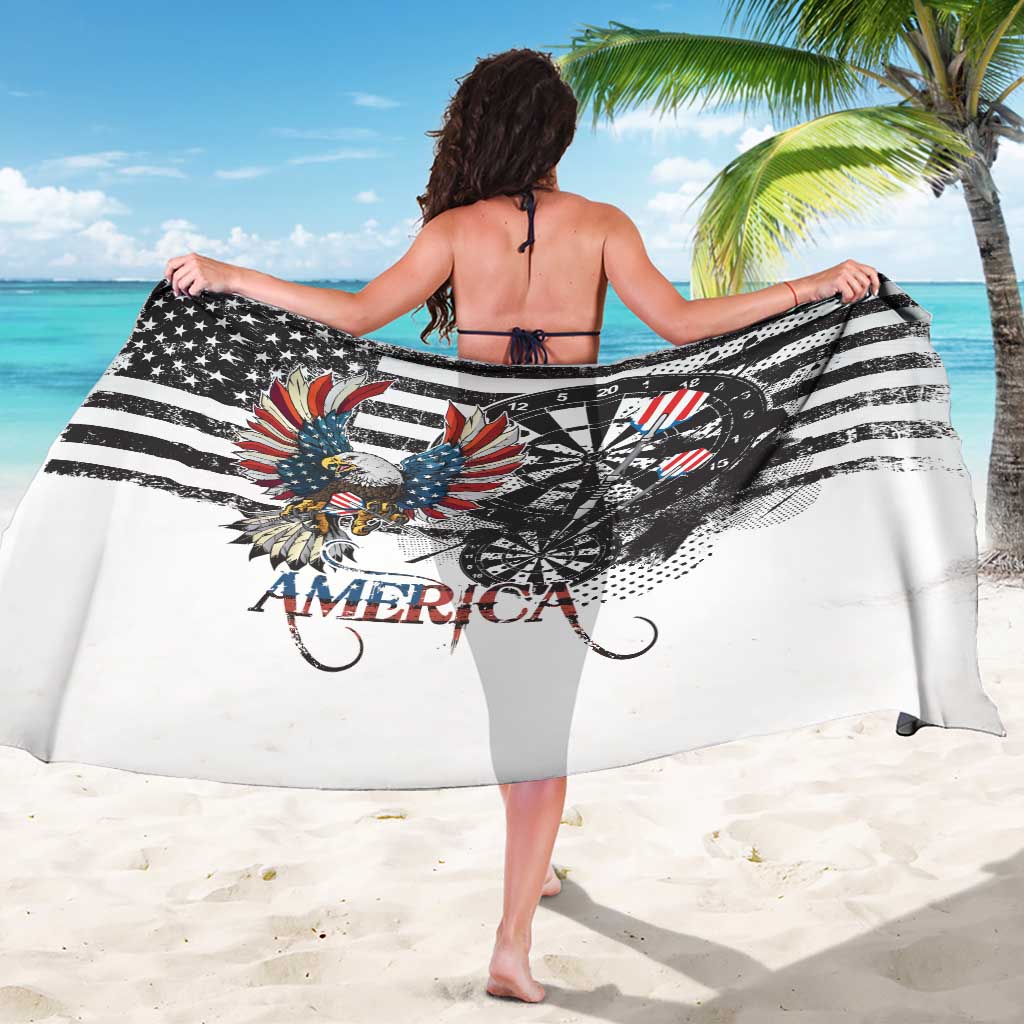 American eagle sarong shown draped, white with black striped grunge, star field, and darts graphics