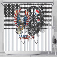 White shower curtain with bald eagle artwork, dartboard, and bold vertical stripes