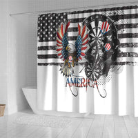 White shower curtain featuring bald eagle head, dartboard target, and Americana text