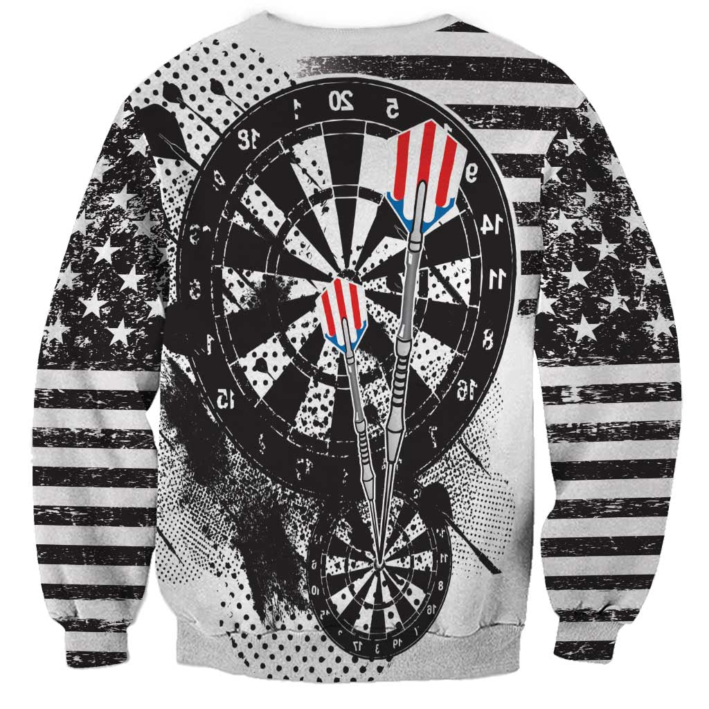 Unisex sweatshirt, white with black grunge dartboard and flag-striped dart graphic