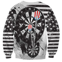 Unisex sweatshirt, white with black grunge dartboard and flag-striped dart graphic