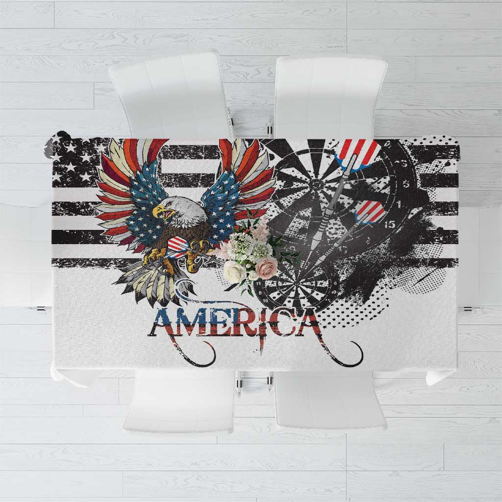 Close-up white tablecloth section with America text and bald eagle grunge-style design