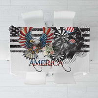 Close-up white tablecloth section with America text and bald eagle grunge-style design