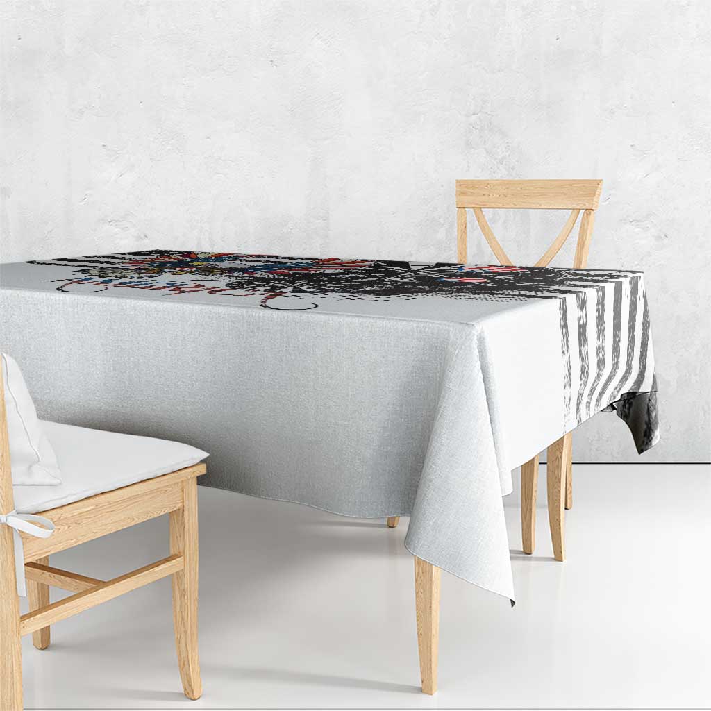White tablecloth with bold black-and-red grunge border and American bald eagle centerpiece