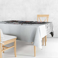 White tablecloth with bold black-and-red grunge border and American bald eagle centerpiece
