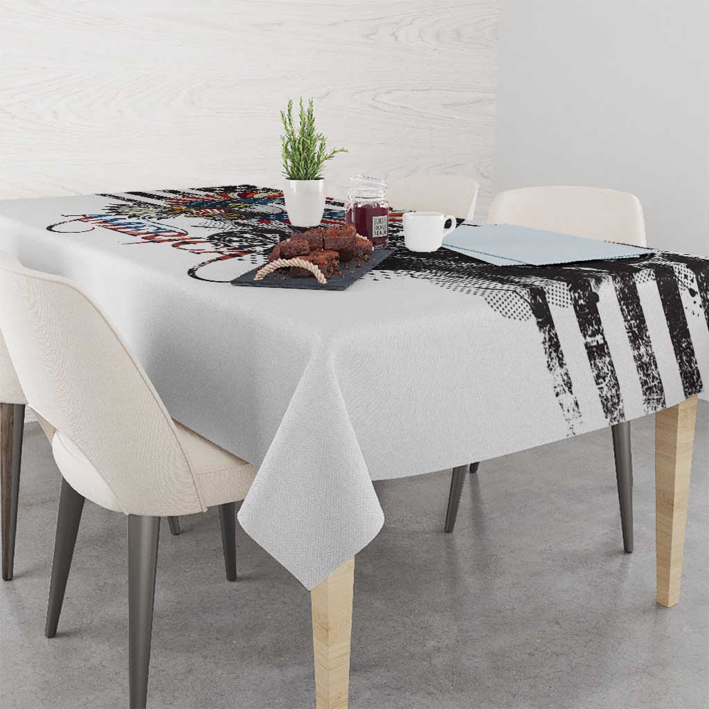 White tablecloth with distressed American bald eagle and starburst graphic across center