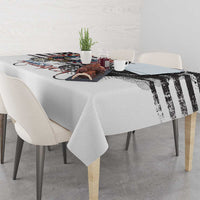 White tablecloth with distressed American bald eagle and starburst graphic across center