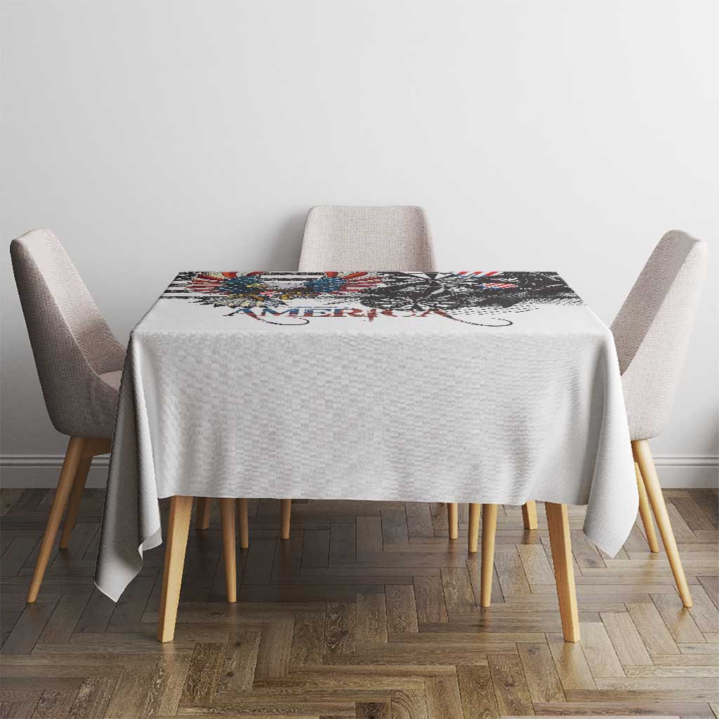 White rectangular tablecloth featuring grunge-style American bald eagle and flag stripes print