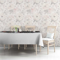 White tablecloth with grunge-style America and bald eagle print running along tabletop