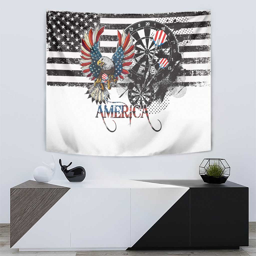 American bald eagle darts tapestry with centered dartboard and grunge American flag stripes