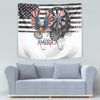 American bald eagle darts tapestry with dartboard motif and eagles over white-and-black stripes