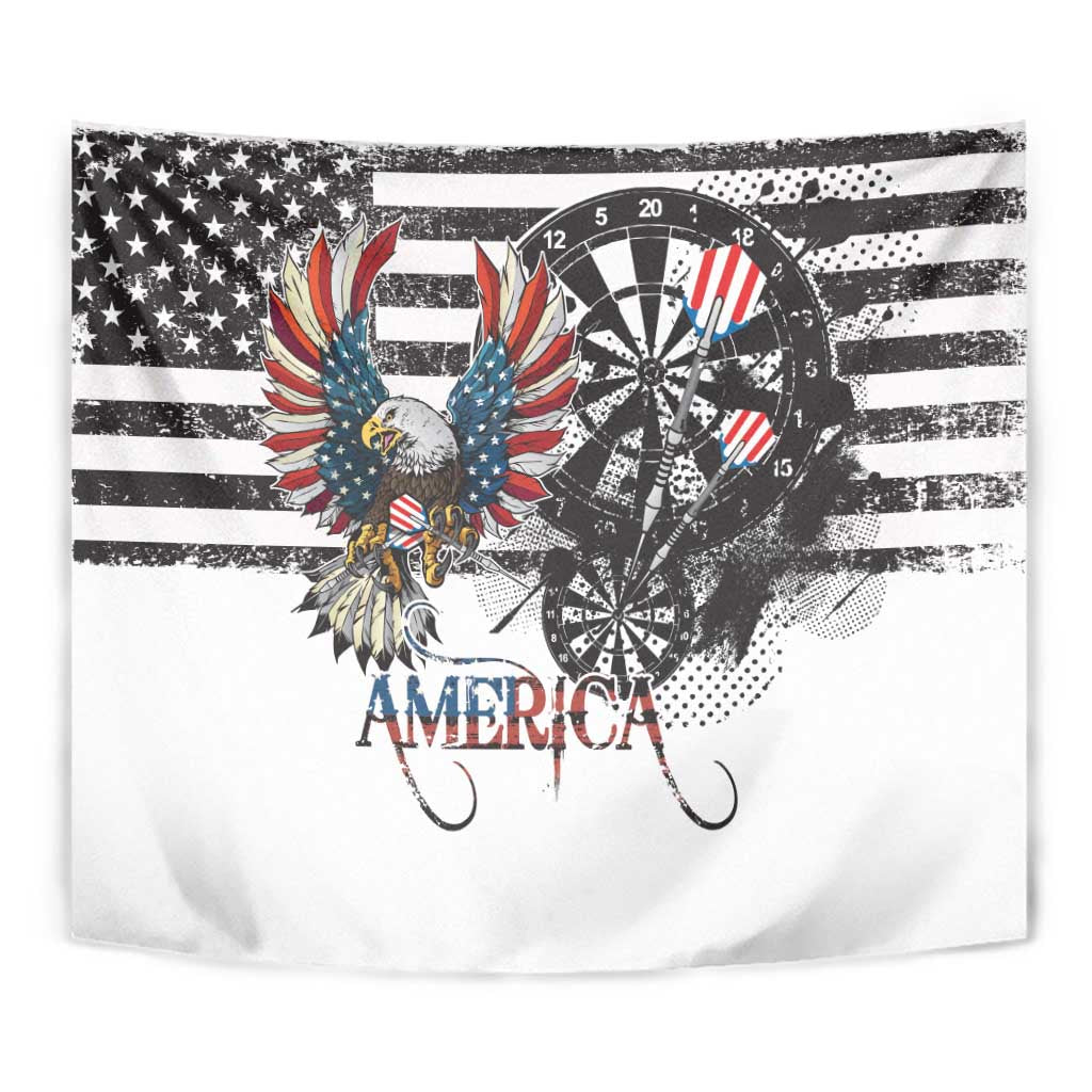 Close-up American bald eagle darts tapestry with dartboard, stars, and grunge eagles
