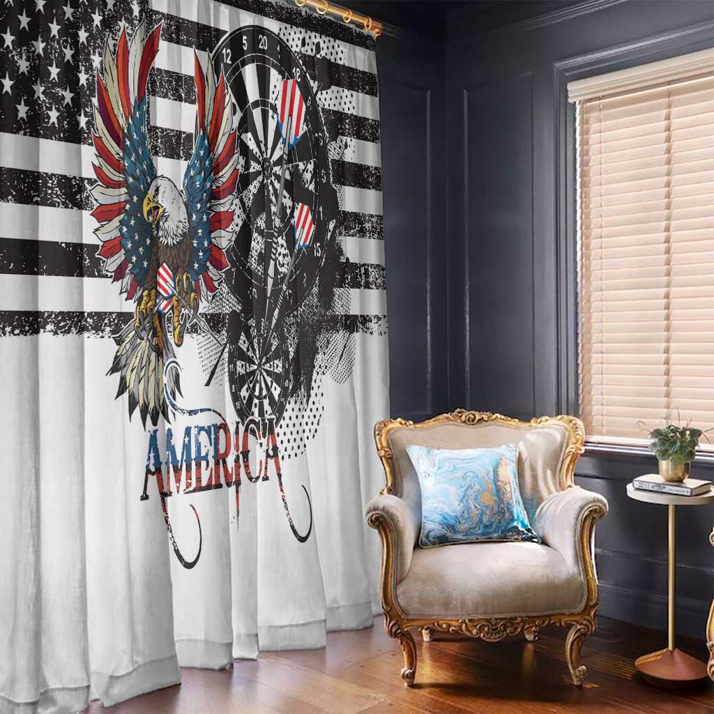 Patriotic window curtain with distressed eagle print on the left panel and dart design