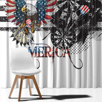 Patriotic window curtain close-up showing distressed eagle, dartboard, and American text