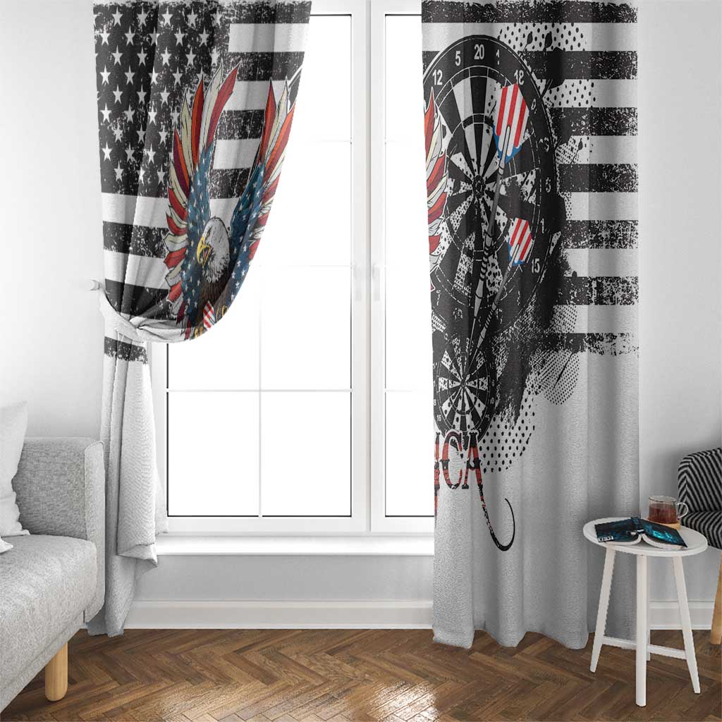 Patriotic window curtain hanging at window with distressed eagle and dartboard artwork