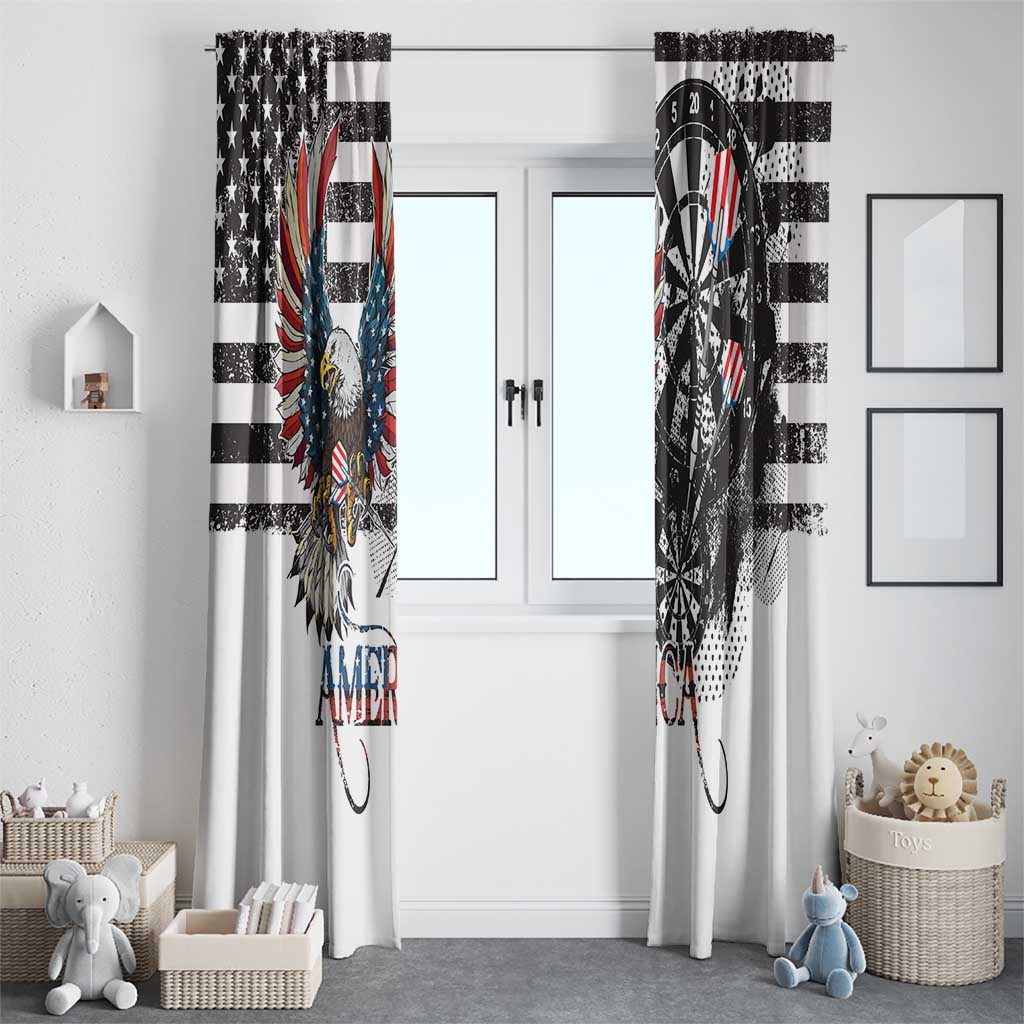 Patriotic window curtain pair with distressed eagle and dartboard graphics in a room