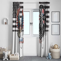 Patriotic window curtain pair with distressed eagle and dartboard graphics in a room