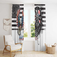 Patriotic window curtain set with eagle panel and dart-themed panel by a sunny window