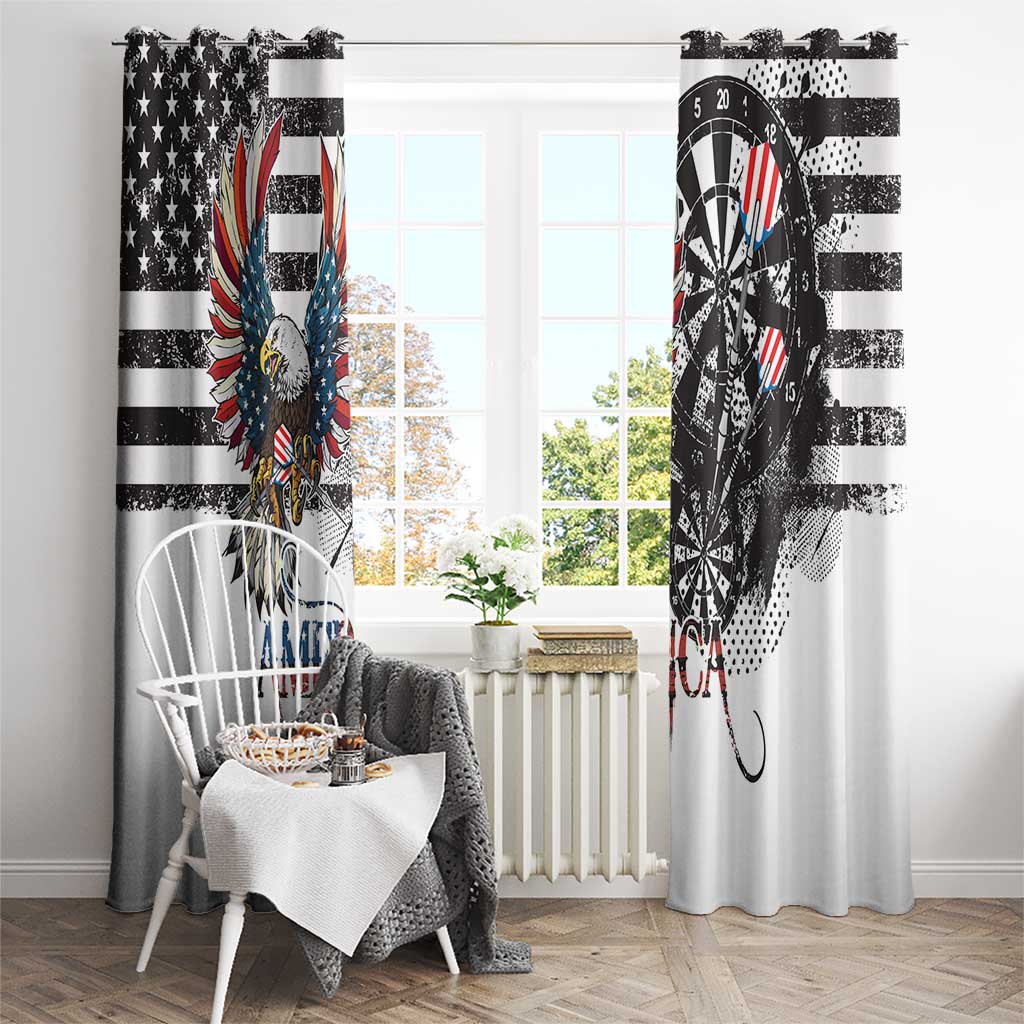 Patriotic window curtain with eagle and dartboard prints, hanging above a dining table