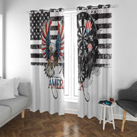 Patriotic window curtain with eagle and dartboard artwork and striped star pattern top