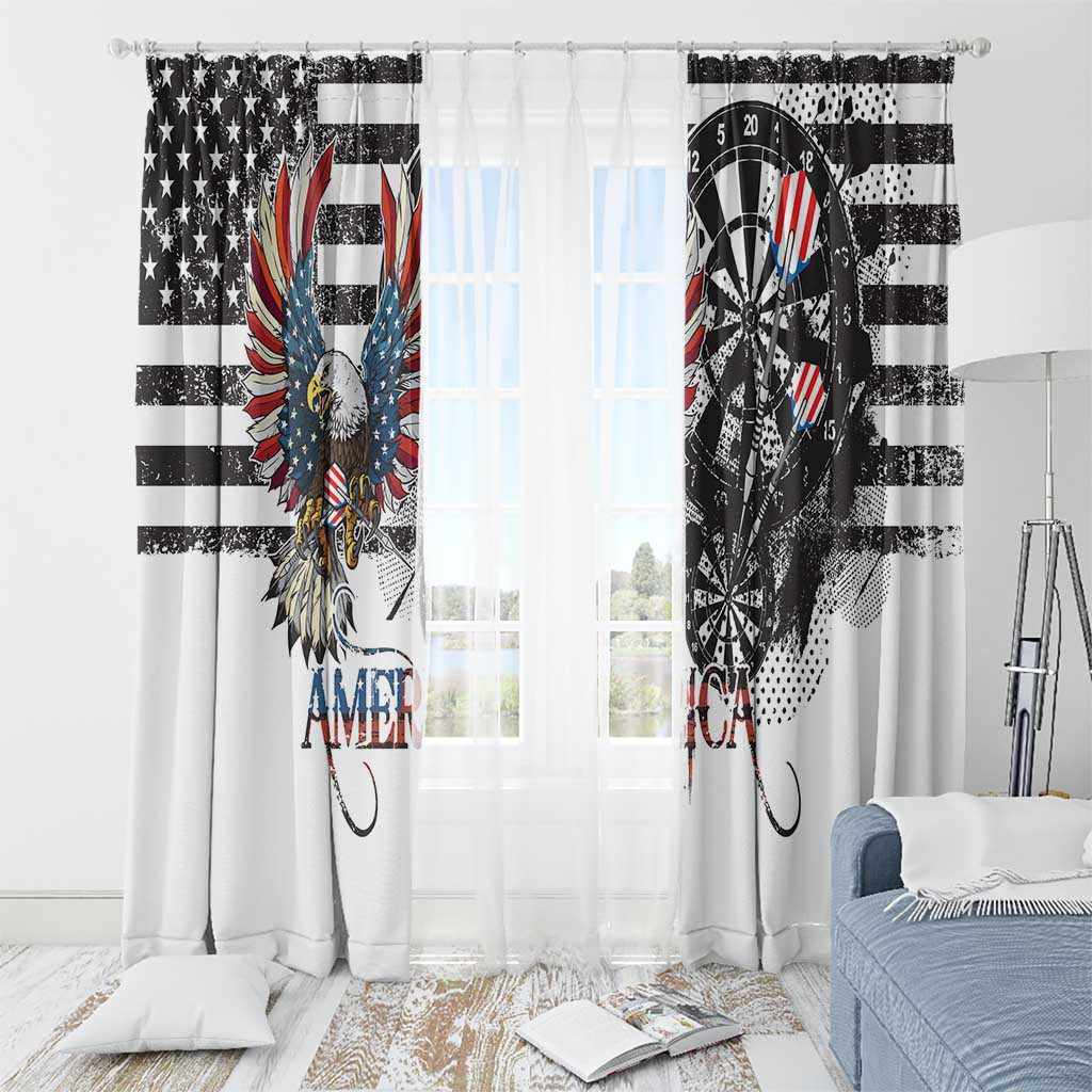 Patriotic window curtain set with distressed eagle and dartboard panels over a window