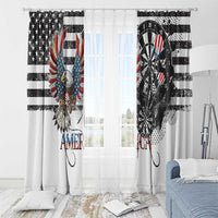 Patriotic window curtain set with distressed eagle and dartboard panels over a window