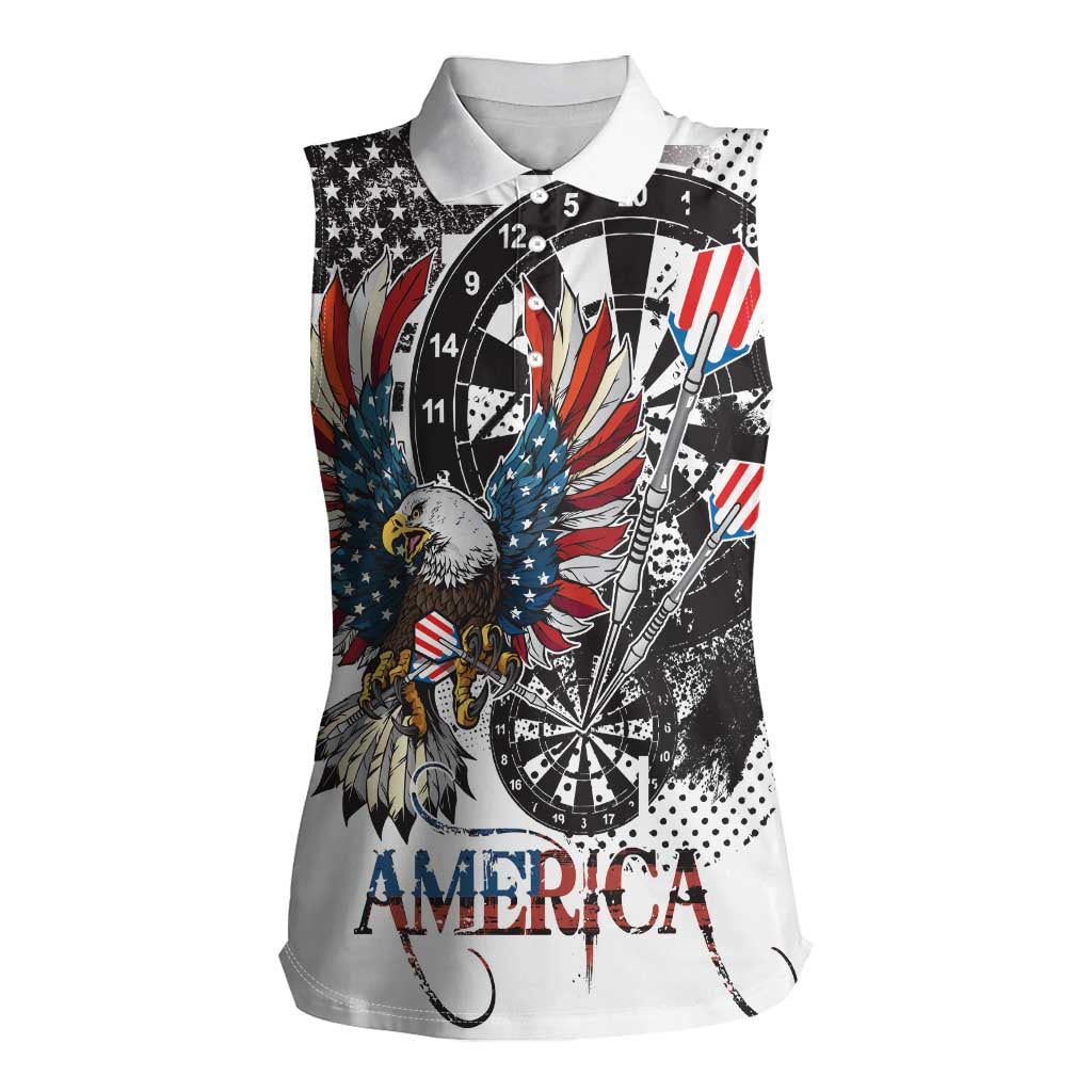 USA Darts Women Sleeveless Polo Shirt American Bald Eagle with Grunge Style