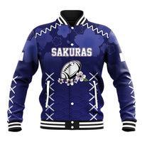 Blue varsity baseball jacket with ribbed collar, button front, sakuras and floral wave design