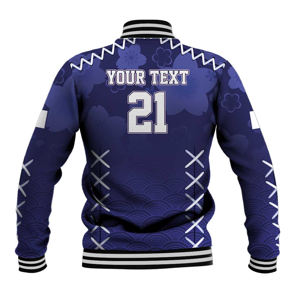 Blue back view baseball jacket with ribbed stripes, number 21, your text, wave and cross lacing