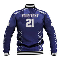 Blue back view baseball jacket with ribbed stripes, number 21, your text, wave and cross lacing