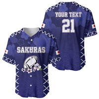Blue baseball jersey front and back with SAKURAS, YOUR TEXT 21, wave pattern, and graphics